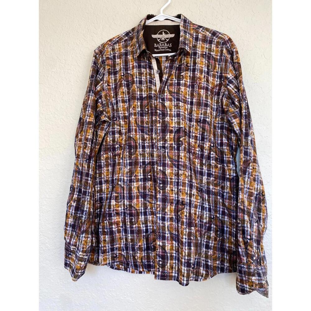 Men's Barabas Y2K Mercericed Cotton Brown Yellow Chequered 80’s Paisley Shirt L